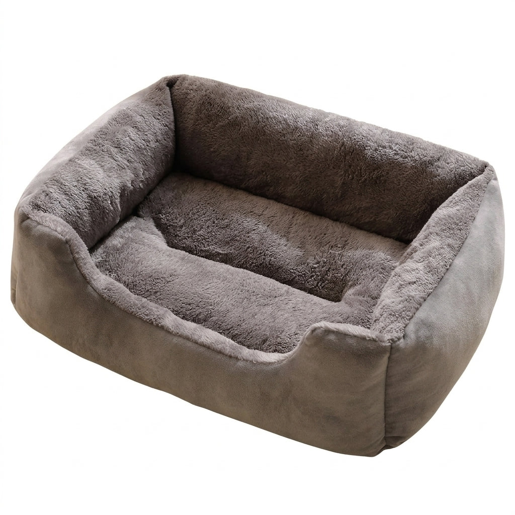 Rectangular basket bed for cats in grey suede-look fabric with a matching grey plush lining and a low front edge