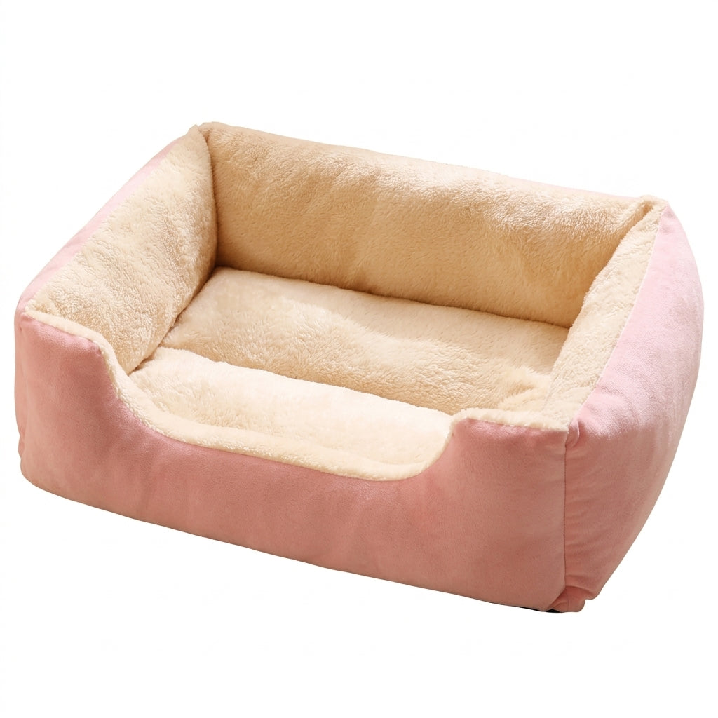 Basket bed for cats in pink suede-look fabric, rectangular with raised sides, a low front and a cream plush lining