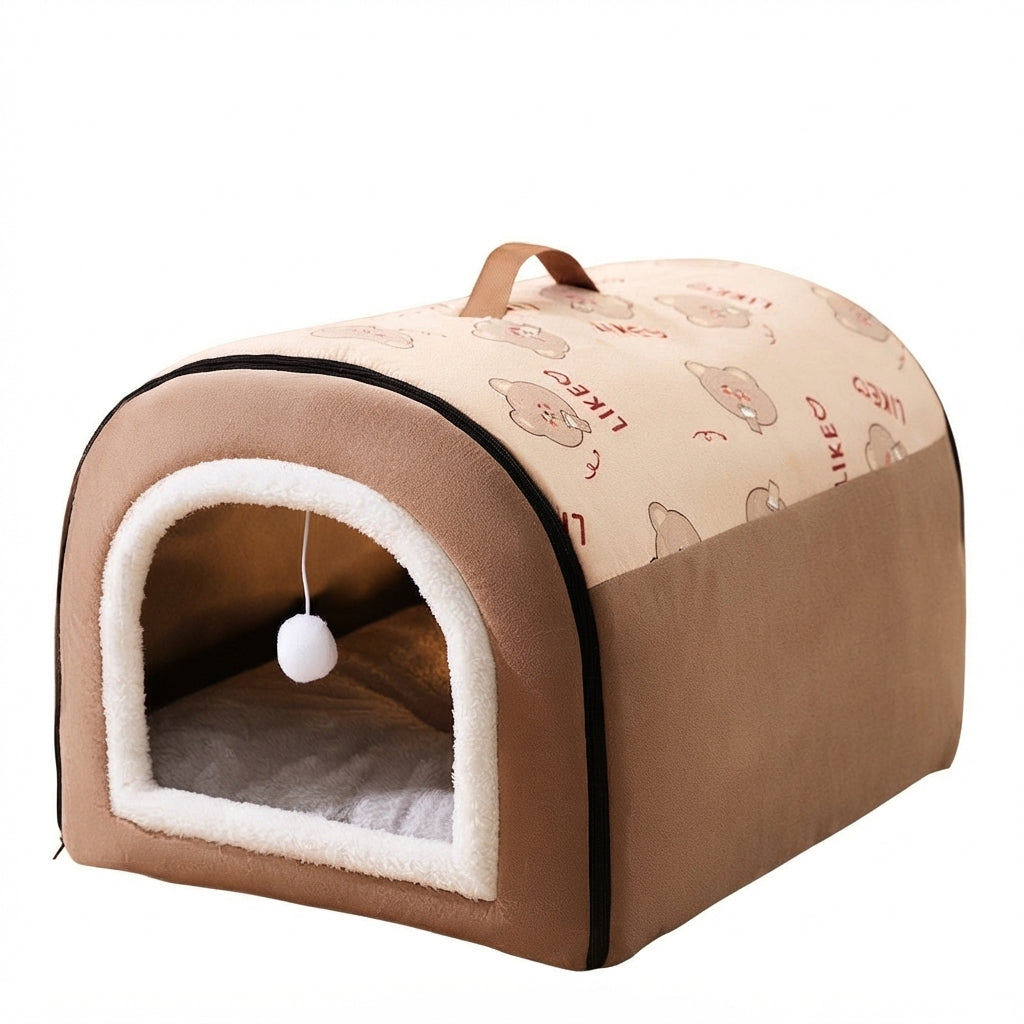 Bed house for dogs in brown and beige, a dome with a cartoon bear print, a fleece-lined doorway and a pompom toy