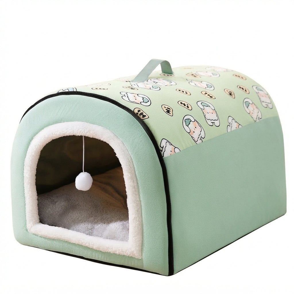Green bed house for dogs with a cartoon animal print on the roof, a white fleece doorway and a pompom toy