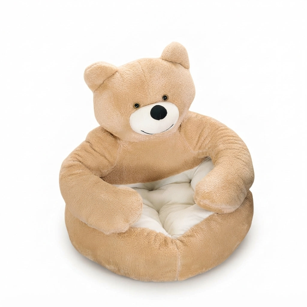 Tan teddy bear cat bed with the bear's arms hugging a round bed and a cream tufted cushion