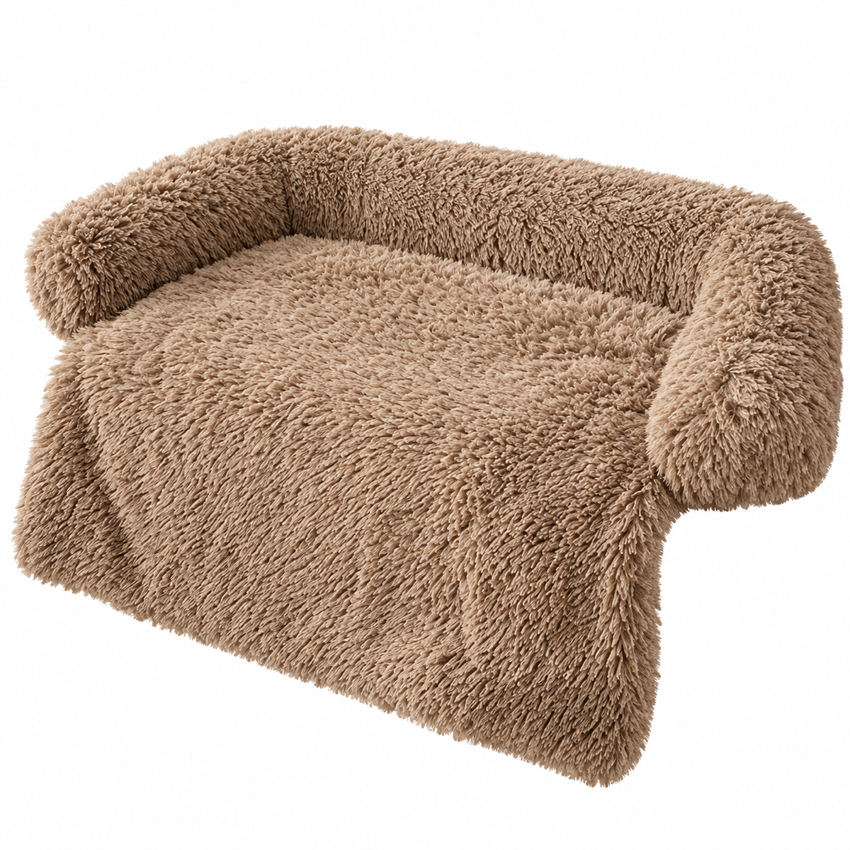 Big dog couch bed in light brown shaggy plush, a sofa cover with a padded bolster on three sides