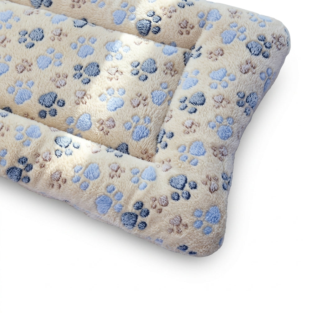 Padded fleece blanket bed in beige paws, cream with blue, navy and brown paw prints, corner view