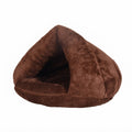 Burrow dog bed in dark brown plush, a triangle-shaped cave with a padded floor and a wide opening
