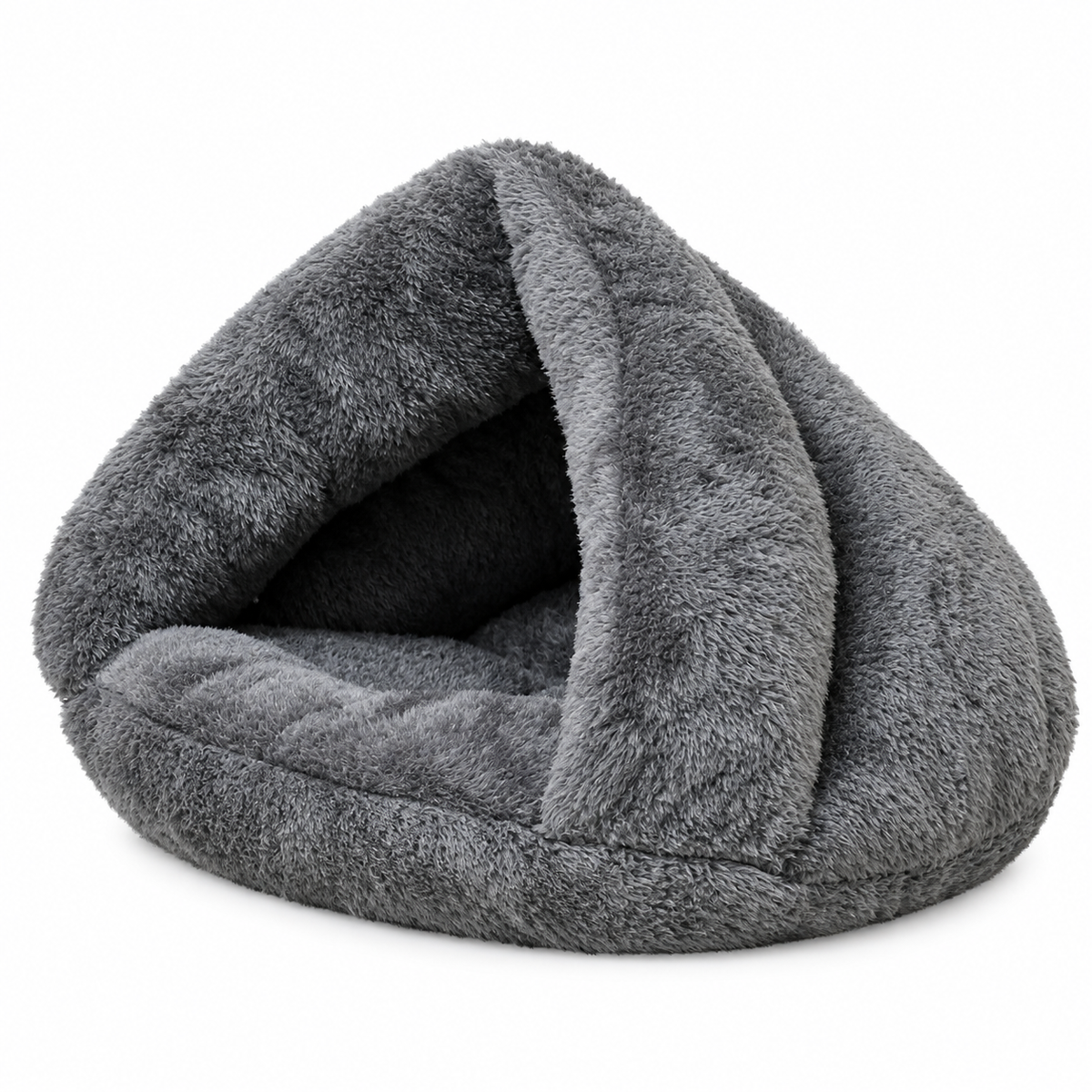 Burrow dog bed in grey plush, a triangular cave with a padded base and a deep opening at the front