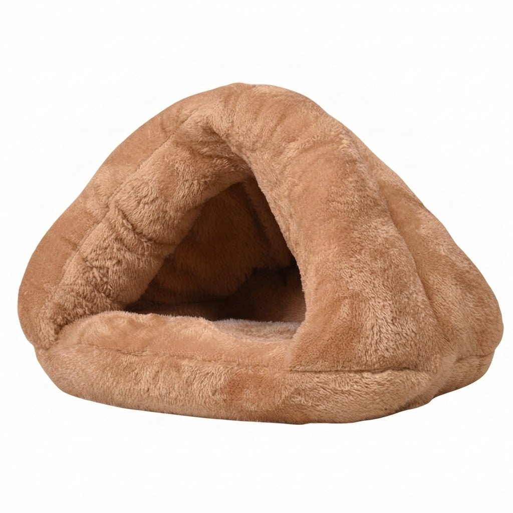 Burrow dog bed in khaki, a light tan plush triangle cave with a padded floor and a rolled front edge