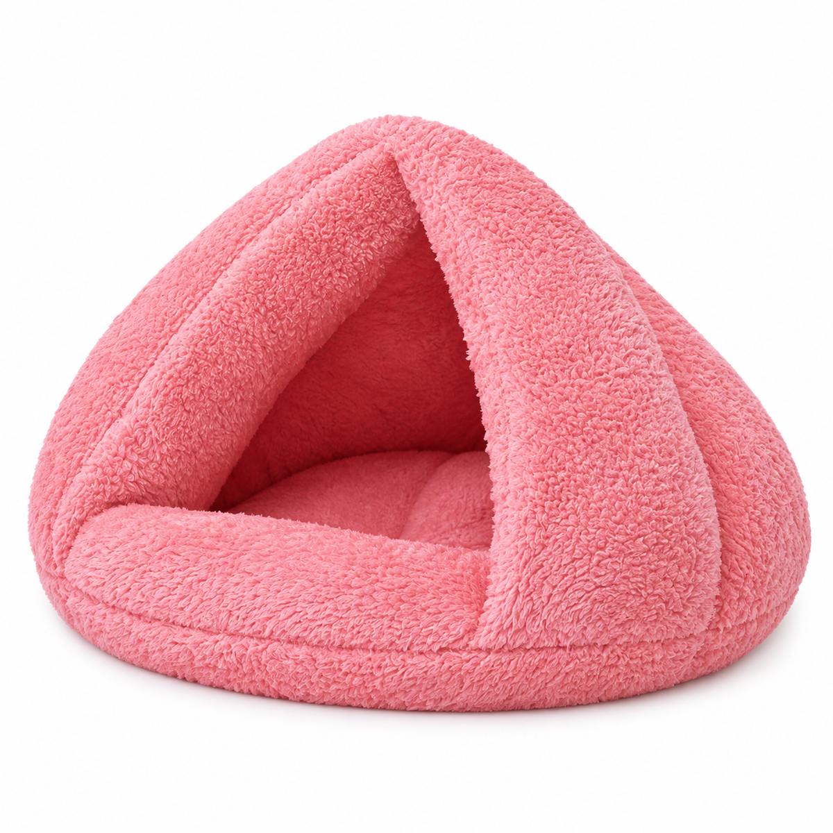 Burrow dog bed in coral pink fleece, a triangular cave with a padded base and a rolled edge at the entrance
