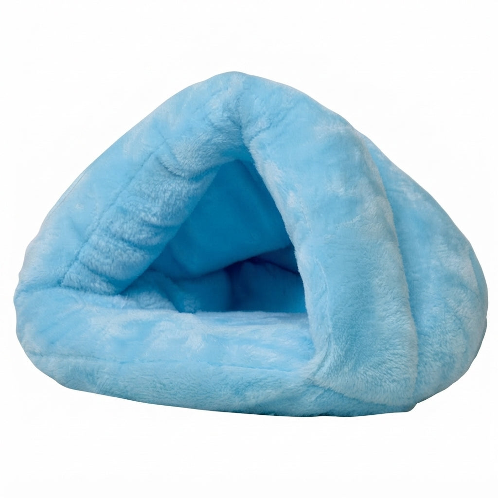 Burrow dog bed in sky blue plush, a triangle-shaped cave with a padded floor, seen from the front