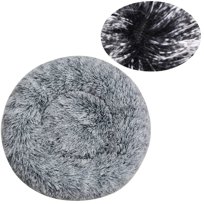 Donut dog bed in frosted charcoal plush, with an inset close-up of the black roots and white tips