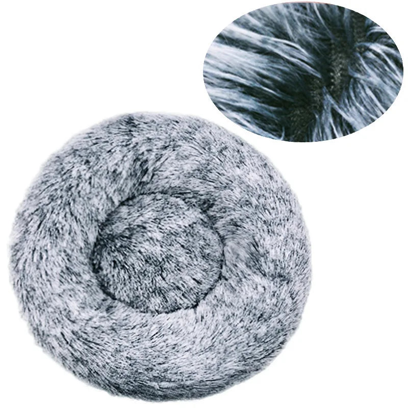 Donut dog bed in frosted grey plush, with an inset close-up of the dark roots and white tips