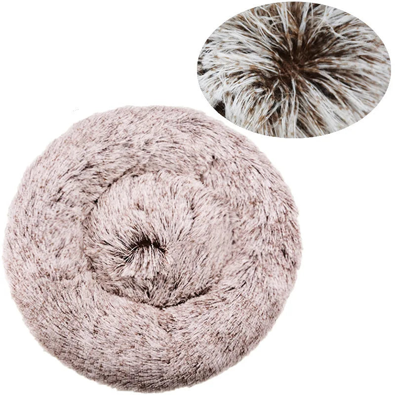 Donut dog bed in frosted khaki plush, pale beige with an inset close-up of the brown roots and white tips