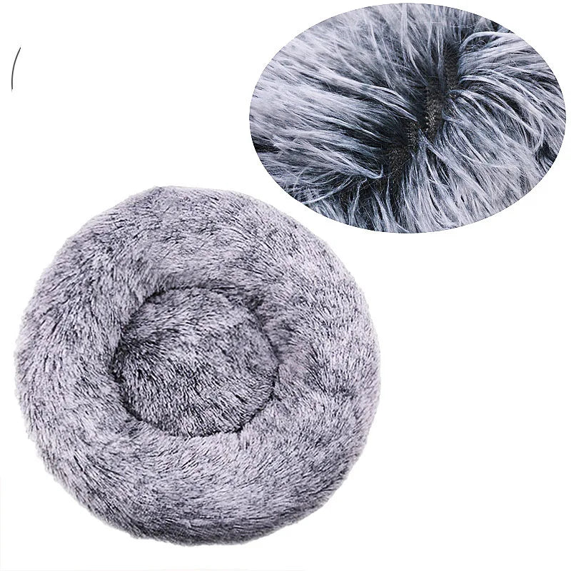 Donut dog bed in frosted lavender grey plush, with an inset close-up of the dark roots and pale tips