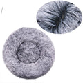 Donut dog bed in frosted lavender grey plush, with an inset close-up of the dark roots and pale tips