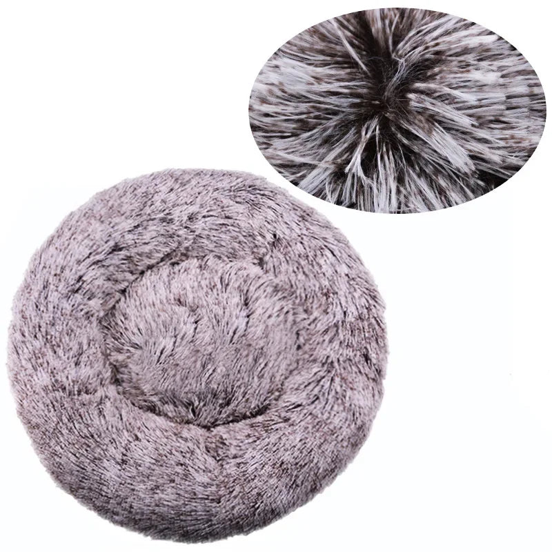 Donut dog bed in frosted mocha plush, with an inset close-up of the dark brown roots and pale tips