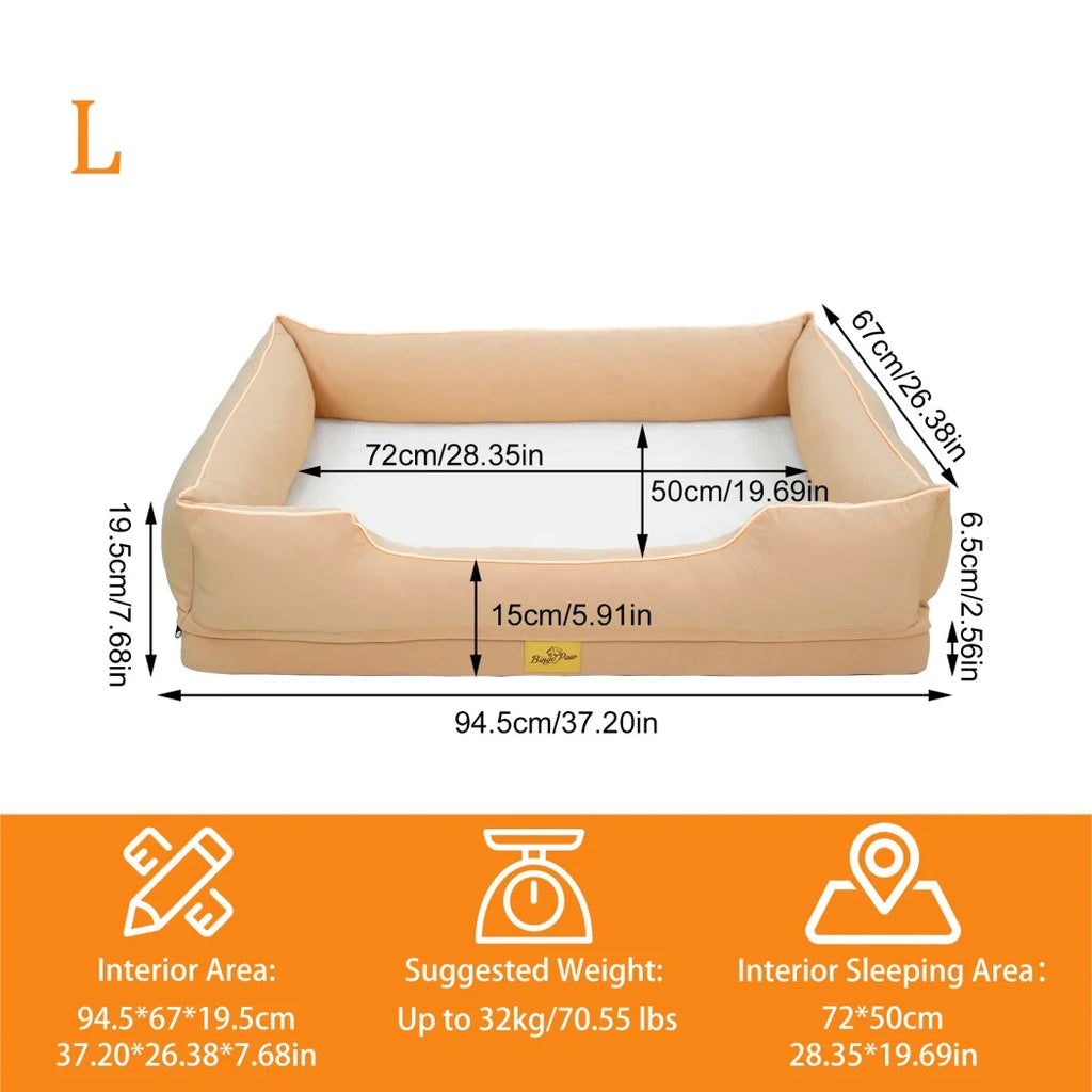 Size L chart: 94.5 x 67 x 19.5 cm, 72 x 50 cm sleeping area, 15 cm front edge, up to 32 kg