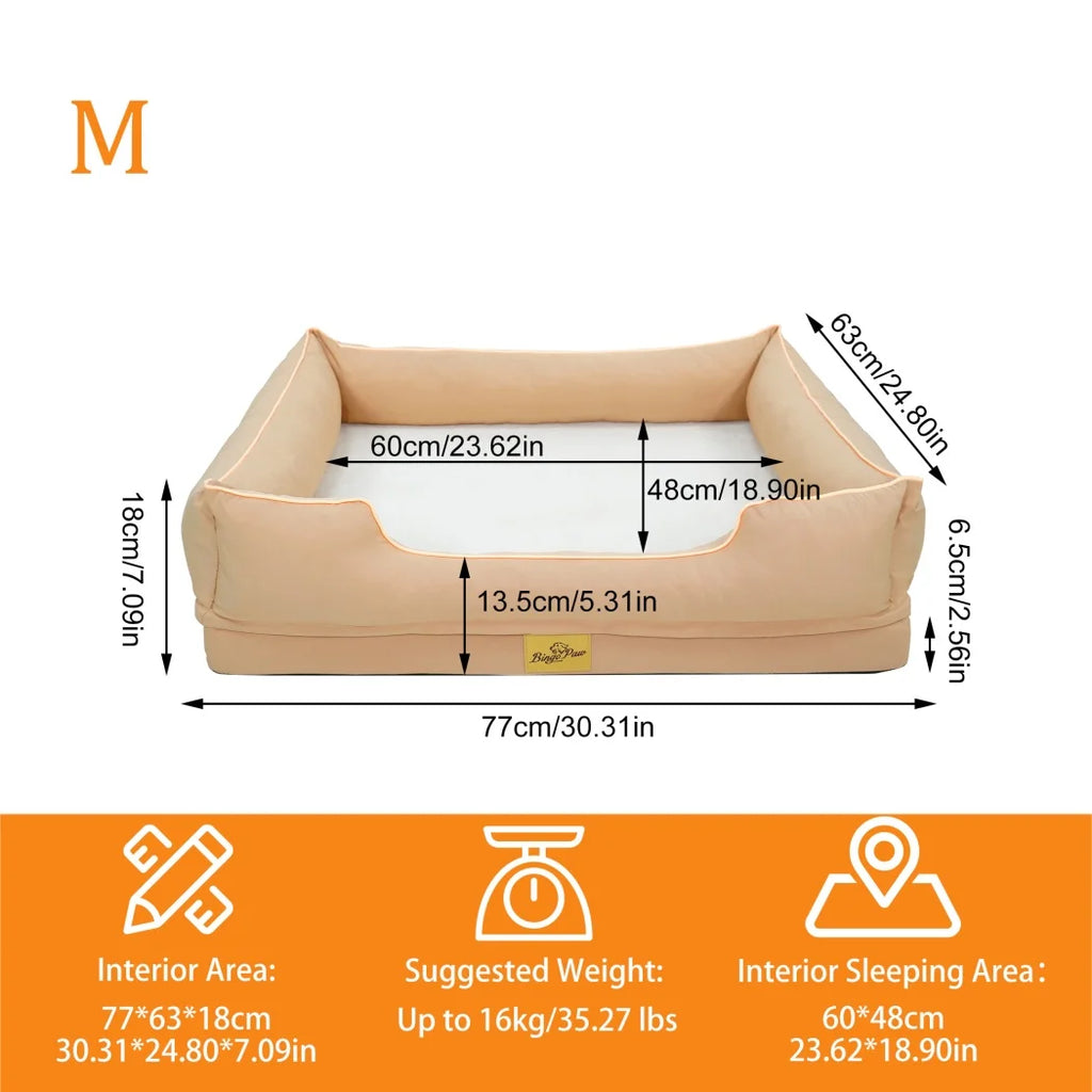 Size M chart: 77 x 63 x 18 cm, 60 x 48 cm sleeping area, 13.5 cm front edge, up to 16 kg