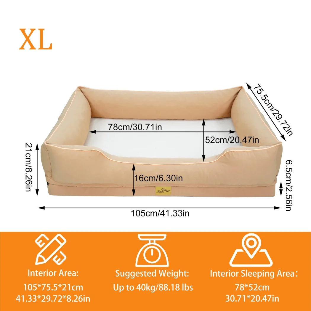 Size XL chart: 105 x 75.5 x 21 cm, 78 x 52 cm sleeping area, 16 cm front edge, up to 40 kg