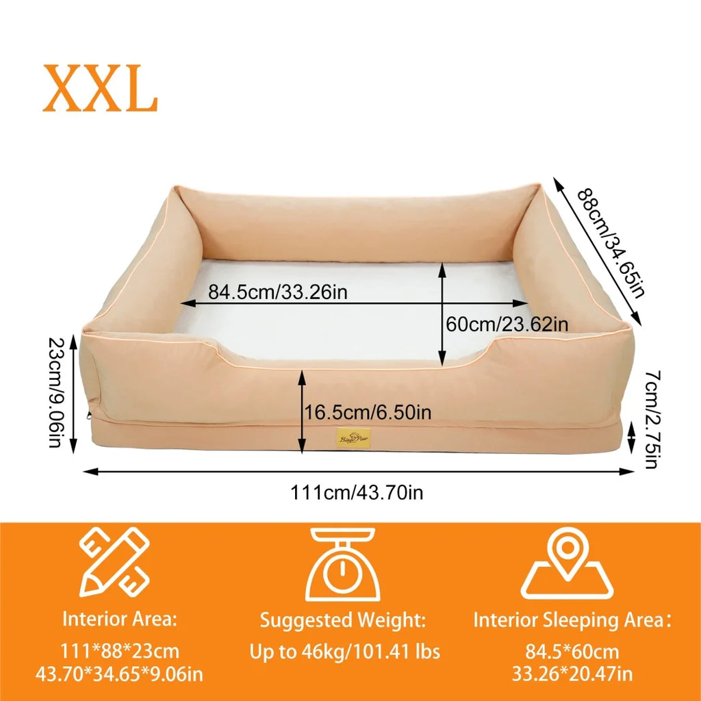 Size XXL chart: 111 x 88 x 23 cm, 84.5 x 60 cm sleeping area, 16.5 cm front edge, up to 46 kg
