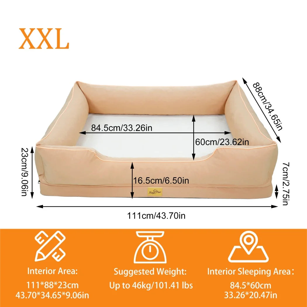 Size XXL chart: 111 x 88 x 23 cm, 84.5 x 60 cm sleeping area, 16.5 cm front edge, up to 46 kg