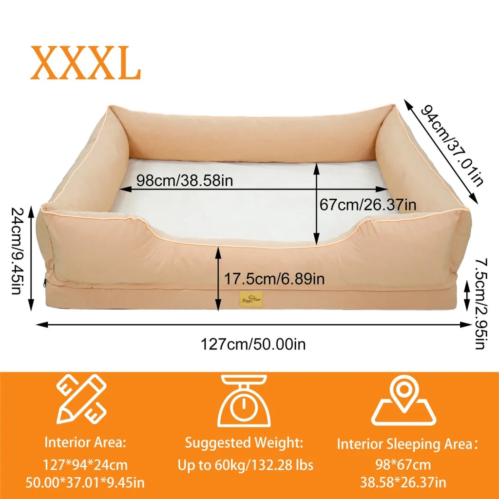 Size XXXL chart: 127 x 94 x 24 cm, 98 x 67 cm sleeping area, 17.5 cm front edge, up to 60 kg