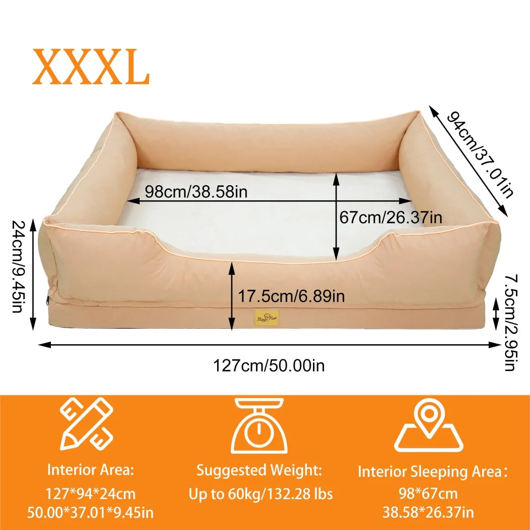 Size XXXL chart: 127 x 94 x 24 cm, 98 x 67 cm sleeping area, 17.5 cm front edge, up to 60 kg