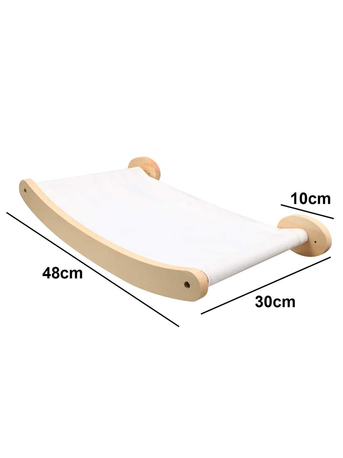 White canvas wall hammock on a curved wooden frame, 48 by 30 cm, with 10 cm round wall mounts