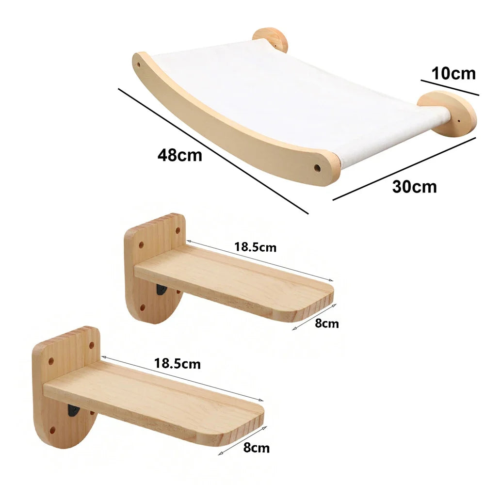 Set of a white canvas wall hammock, 48 by 30 cm, and two wooden cat steps, 18.5 by 8 cm