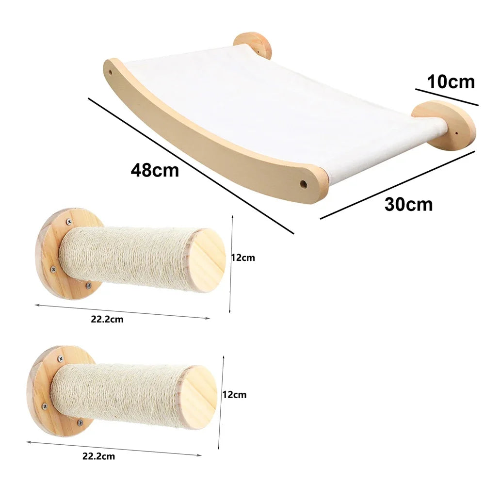 Set of a white canvas wall hammock, 48 by 30 cm, and two sisal rollers, 22.2 cm long on 12 cm bases