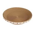 Cardboard cat scratcher bed in a round bowl shape, made of coiled corrugated card with a white band of cartoon cats