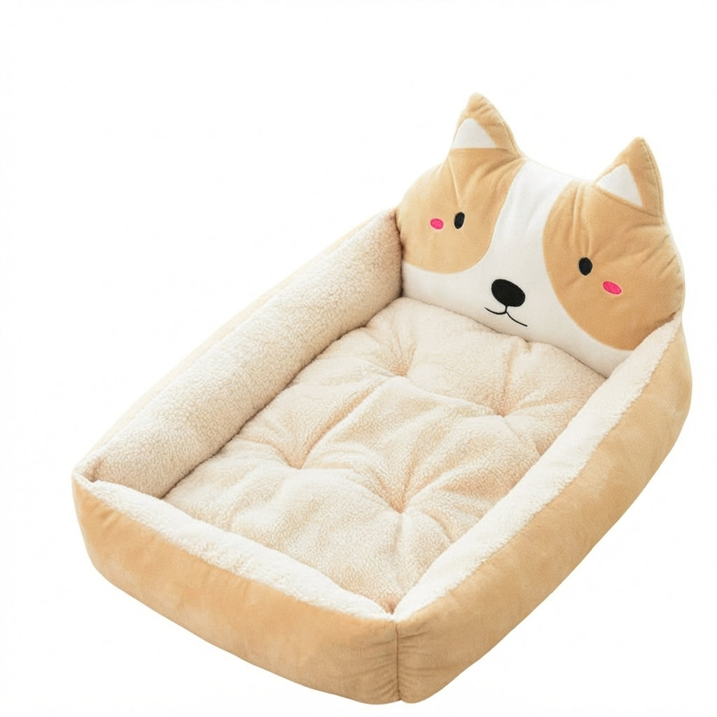 Cartoon pet bed with a beige and white corgi face headboard, beige sides and a cream cushion
