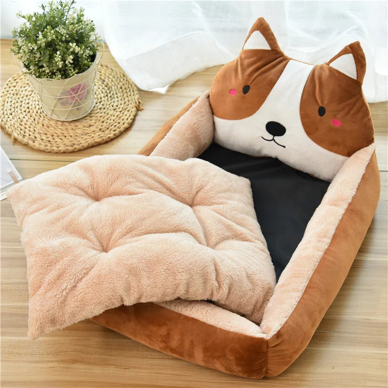 Brown corgi cartoon pet bed with the cushion lifted to show the black base, on a wooden floor by a plant