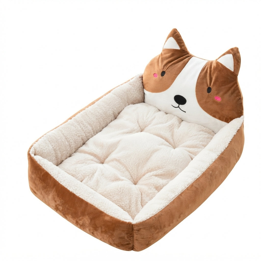 Cartoon pet bed with a brown and white corgi face headboard, brown sides and a cream tufted cushion