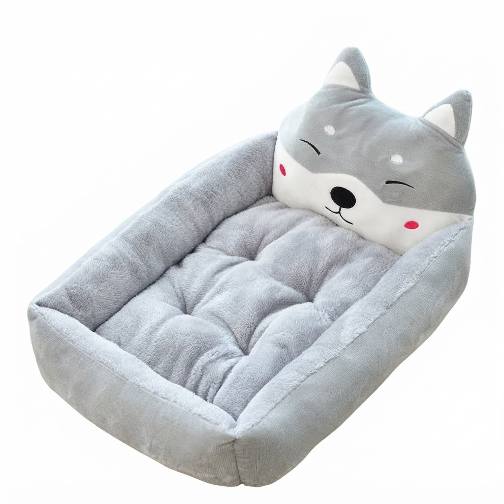 Cartoon pet bed with a winking grey husky face headboard and a pale grey tufted cushion