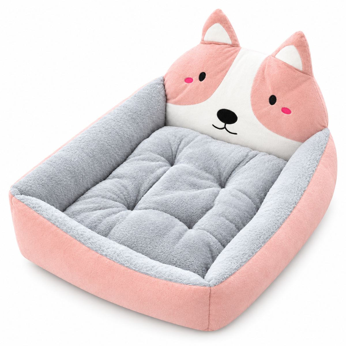 Cartoon pet bed with a pink and white corgi face headboard, pink sides and a grey tufted cushion