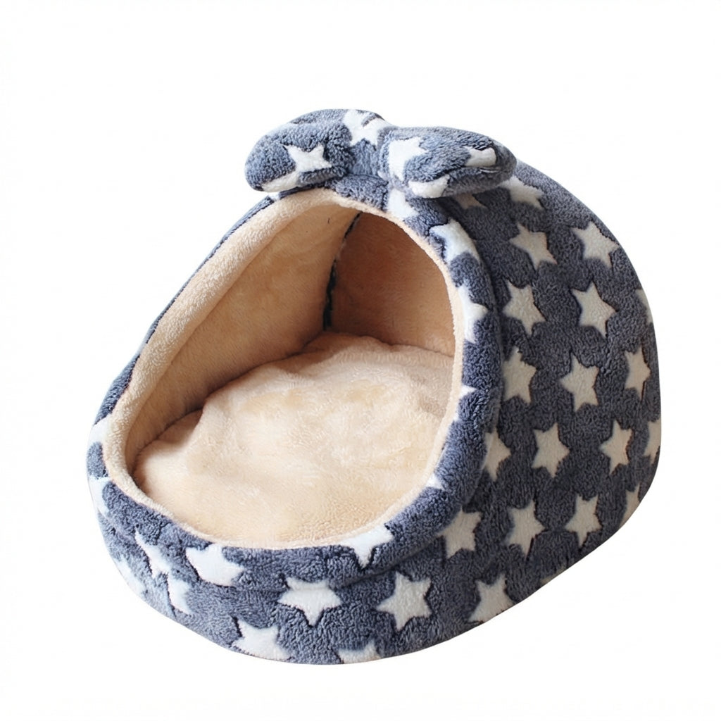 Covered cat bed with a bow in navy stars: slate blue plush with white stars and a beige lining