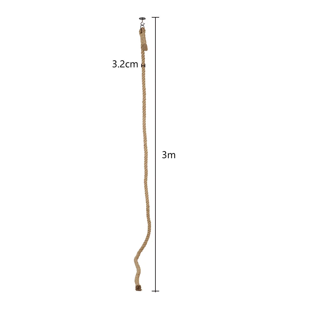Cat climbing rope in thick natural jute hanging from a ceiling hook, marked 3 m long and 3.2 cm thick