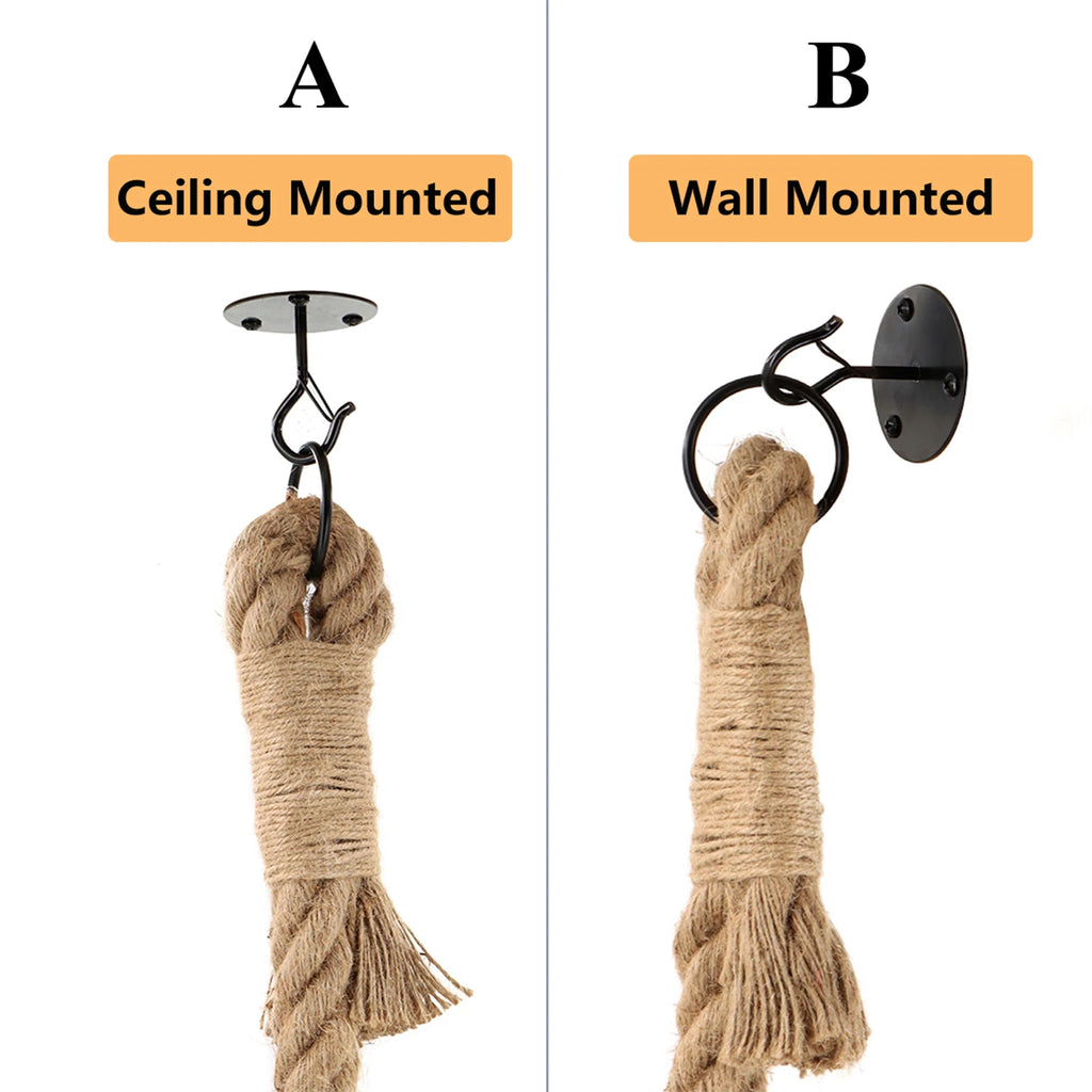 Two ways to fix the jute rope: A, from a ceiling hook plate; B, from a wall bracket with a ring