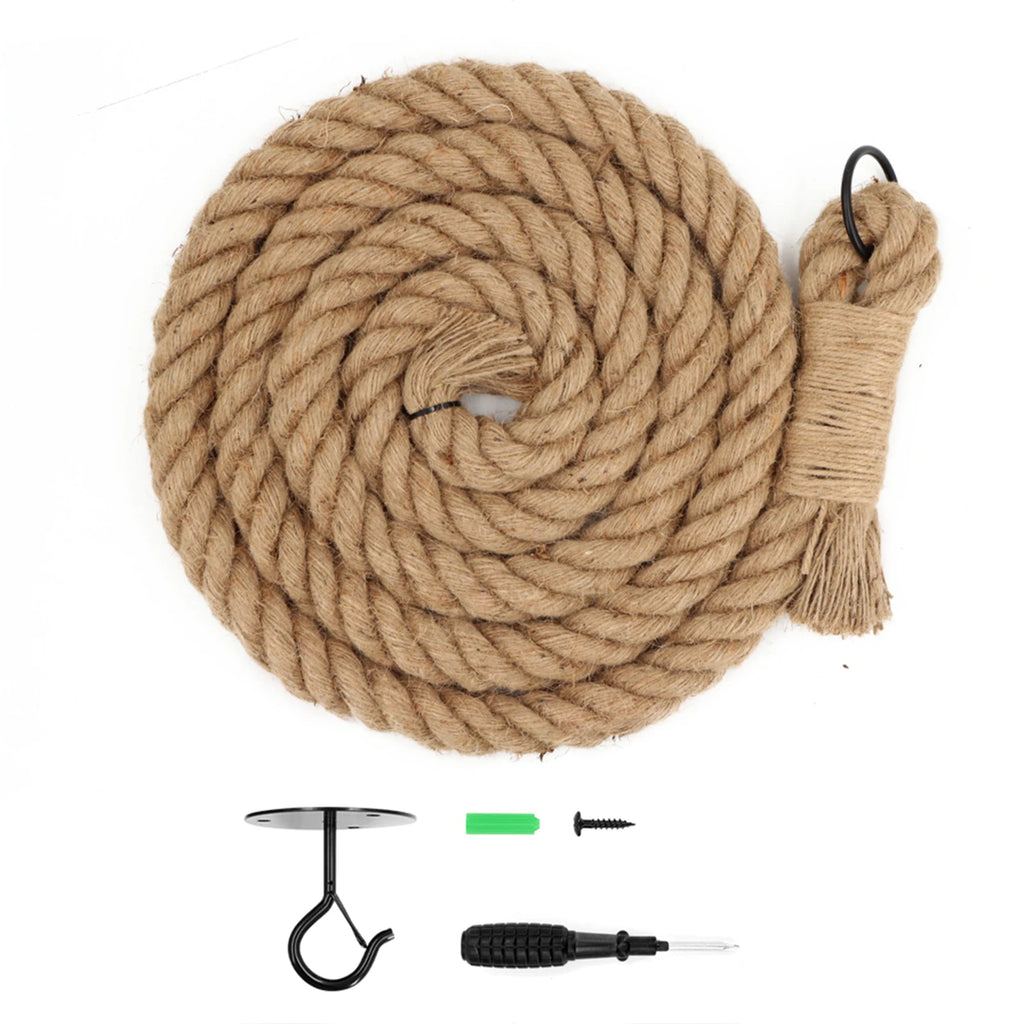 Coiled jute climbing rope with a metal ring, shown with a ceiling hook plate, wall plug, screw and screwdriver