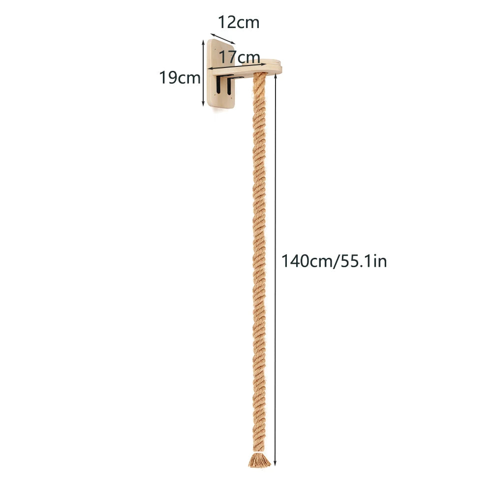 Jute cat climbing rope hanging from a small wooden wall mount, 140 cm (55.1 in) long, mount 12 by 17 by 19 cm