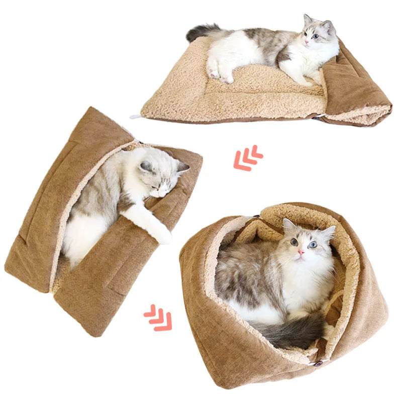 Fluffy grey and white cat on the beige cat cushion bed used three ways: flat as a mat, half folded and buttoned into a nest