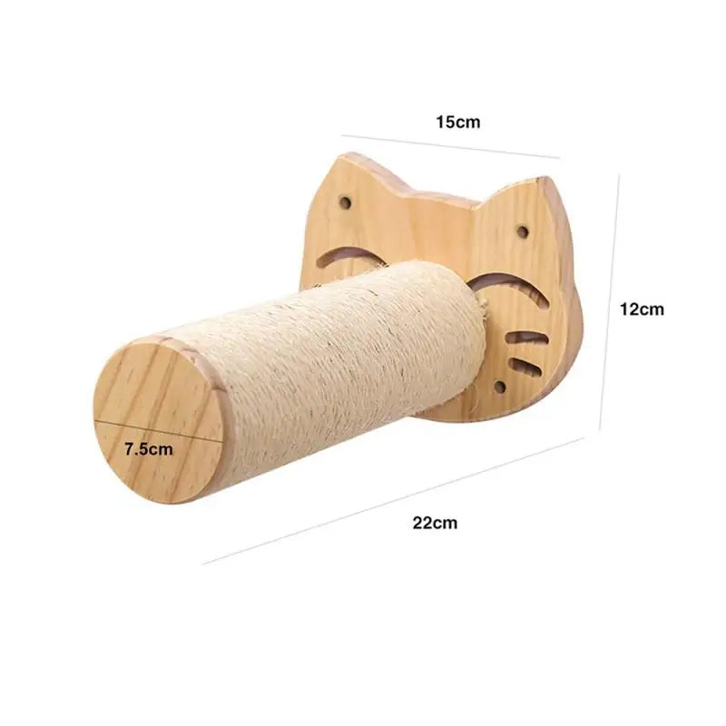 Sisal roller on a cat-face wooden wall plate, 22 cm long and 7.5 cm across, plate 15 by 12 cm