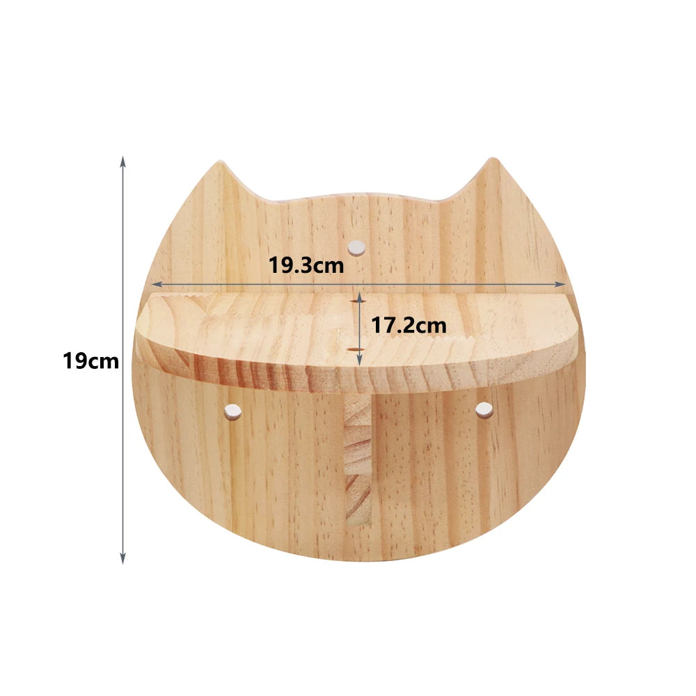 Wooden cat-face wall shelf, 19.3 cm wide and 19 cm high, with a platform 17.2 cm deep