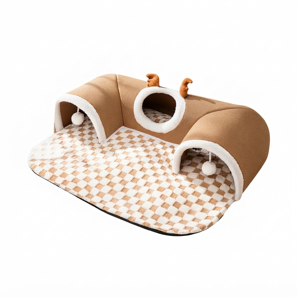 Cat house and bed with a tunnel in camel fabric, a porthole with small antlers and a checked cream plush mat