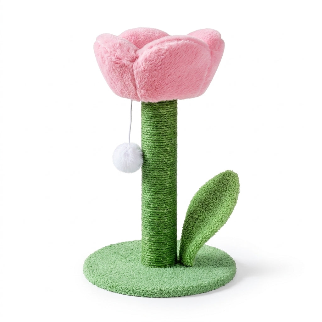Tulip cat scratch post with a Pink plush flower top, a green sisal column, a plush leaf, a round green base and a pompom