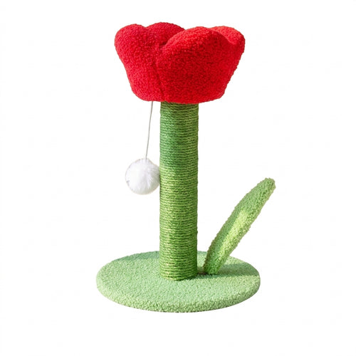 Tulip cat scratch post with a Red plush flower top, a green sisal column, a plush leaf, a round green base and a pompom