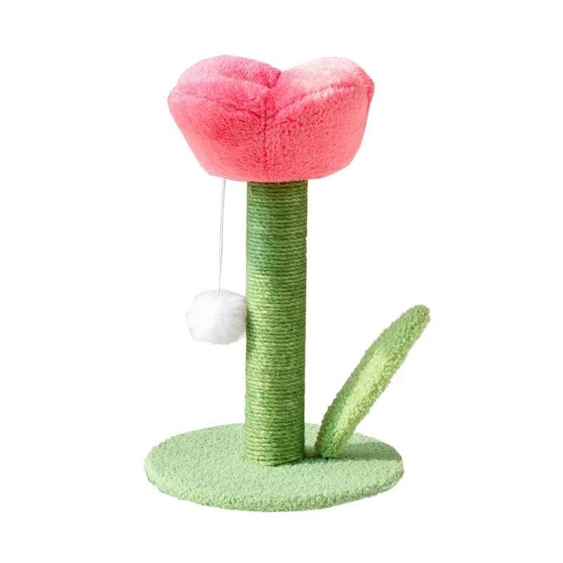 Cat scratch post shaped like a tulip, with a Rose plush flower top, a green sisal stem, a leaf and a hanging pompom