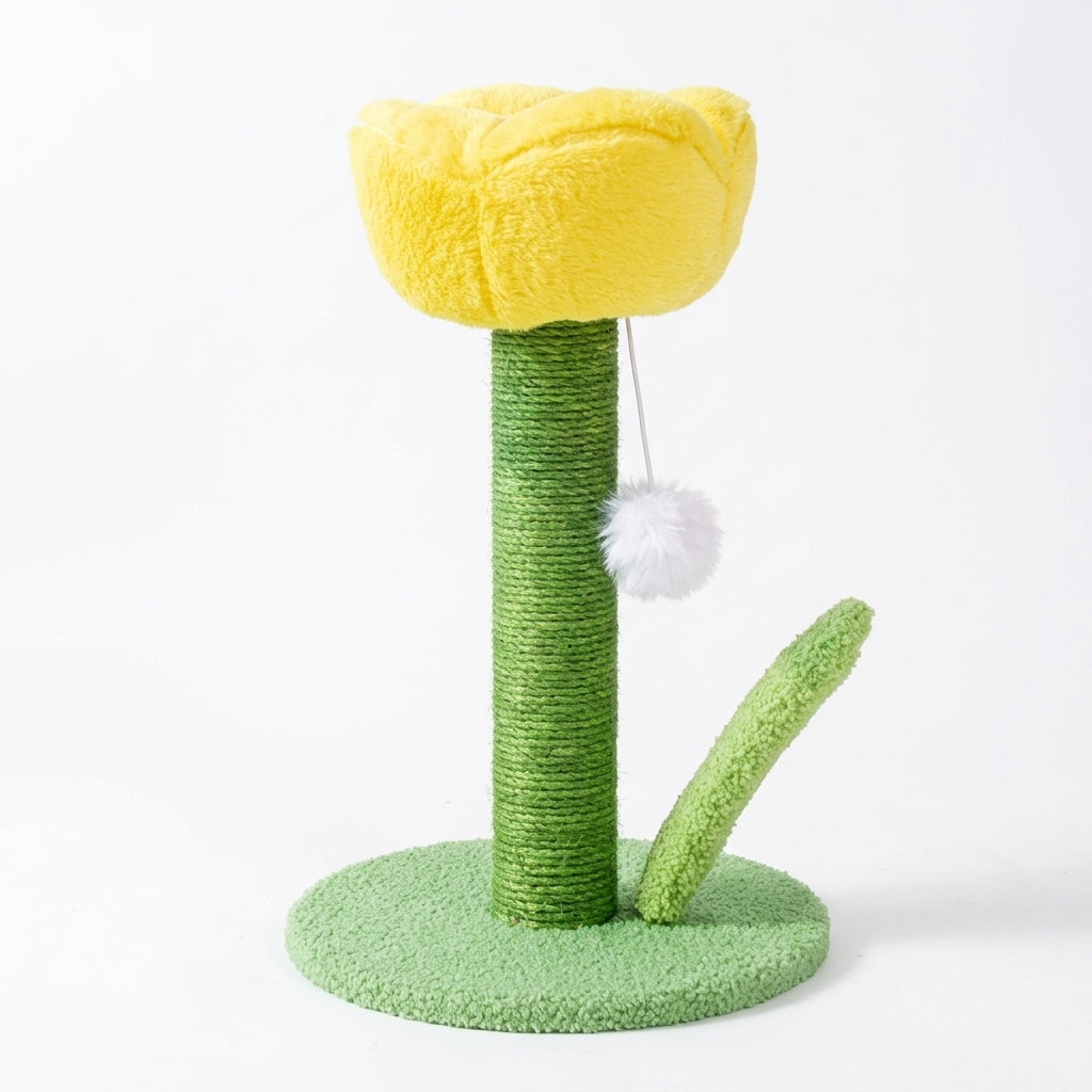 Tulip cat scratch post with a Yellow plush flower top, a green sisal column, a plush leaf, a round green base and a pompom