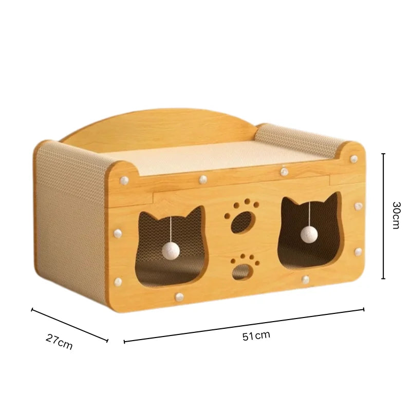 Cat scratcher bed with two cat-face openings, paw-print cut-outs and a corrugated scratch top, 51 x 27 x 30 cm