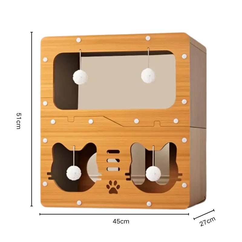 Two-level cat scratcher tower with a window upper level and two cat-face doorways below, 45 x 27 x 51 cm