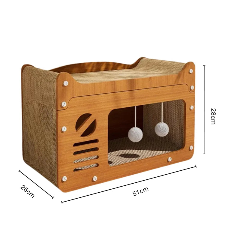 Cat scratcher bed with a wood-effect window front, hanging pompoms and a corrugated scratch top, 51 x 26 x 28 cm